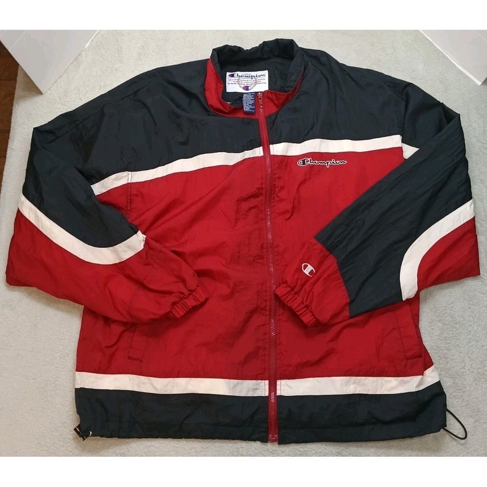 Vintage '90S Champion Nylon Windbreaker Red Black White Color Block Full Zip